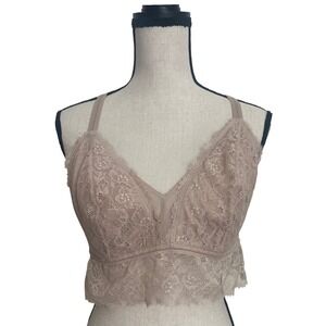 Aerie Lace Longline Bralette Tan Nude Floral Eyelash Trim Racerback XL DD NEW